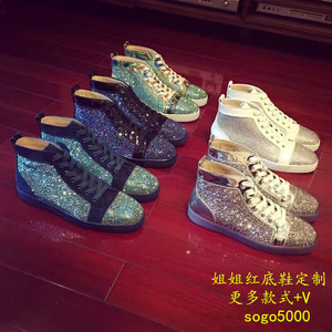 2019高帮铆钉水钻红底鞋clνj男鞋情侣满钻板鞋蓝钻银钻白钻女鞋