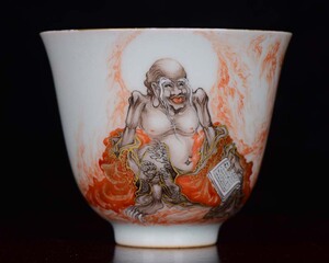 建国初期剑城竹溪道人王步绘粉彩描金罗汉传经佛法无涯酒杯茶杯