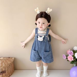韩版女童夏装婴幼儿彩色针织背心超萌兔子牛仔背带短裤婴童两件套