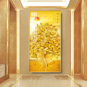 发财树装饰画玄关过道摇财树竖版3d立体招财麋鹿版画进门金色挂画