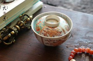 日本手绘花鸟老盖碗中古昭和时期古董茶具茶杯茶碗三才碗高大尚道
