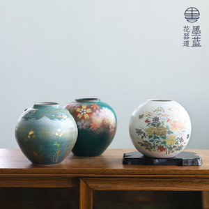 日本进口九谷烧彩绘陶瓷罐花瓶花器日式插花器皿客厅坛子艺术摆件
