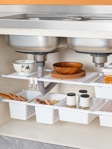 厨房下水槽置物架橱柜台下免打孔可伸缩杆分层隔板锅具收纳架套装