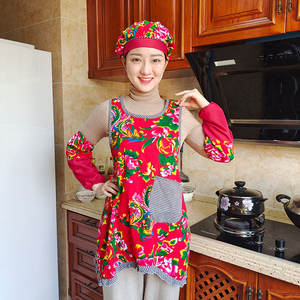 女款成人东北大花布餐厅工作围裙套装 纯棉复古围裙 袖套 帽子