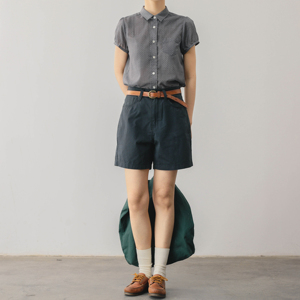 三良洋货COUDRE法式复古少女高腰百搭修身普鲁士蓝棉质短裤