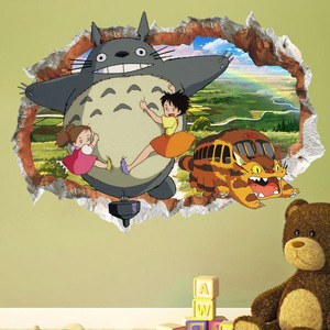 经典动画龙猫3d立体破洞电视背景墙贴纸幼儿园可移除贴画壁画