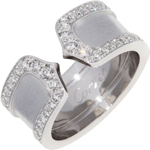 二手真品cartier卡地亚天使之吻18k白金镶钻双c宽版开口戒指48号