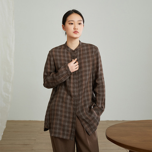 qtu原创女装 春季新款100亚麻色织格纹长袖立领中长款衬衫女w3590