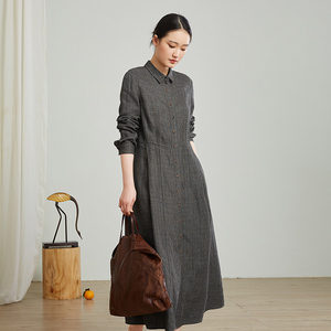 qtu原创女装 100亚麻色织格纹厚实垂感长袖连衣裙早春长裙3398-z
