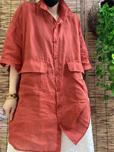 韩版苎麻衬衣女夏季中长上衣红色大口袋大码宽松休闲防晒百搭衬衫
