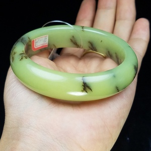 纯天然新疆和田玉黄口料黄玉水草花手镯玉镯带证书56圈口带证书