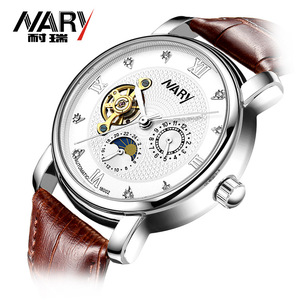 nary机械手表男士五针镶钻镂空陀飞轮日月星辰真皮带腕表耐瑞男表
