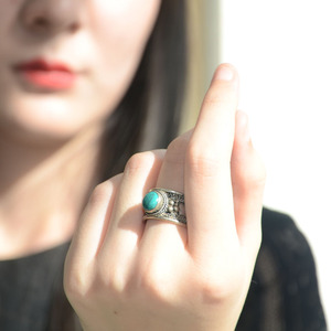 西藏民族风尼泊尔指环银白铜戒指镶天然绿松石青金石开口活口男女