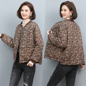 纯棉小棉袄女2021年冬装新款短装妈妈夹棉外套印花反古轻薄款棉衣