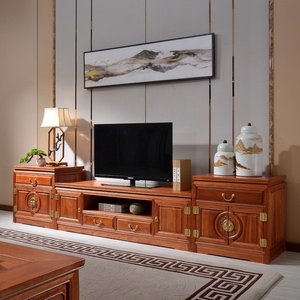 中式全实木电视柜三组合背景墙柜 仿古菠萝格木客厅红木家具地柜