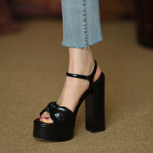 misili 14cm超高跟鞋防水台粗跟凉鞋女 2022夏季新款黑色厚底女鞋