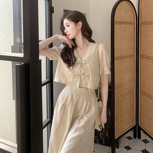套裙通勤米色分体流行半身复古优雅中式女搭配新款档次雪纺短袖