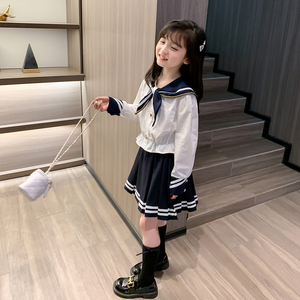 潼小乖童装女童校服套装学院风春秋小女孩海军领衬衣百褶裙两件套