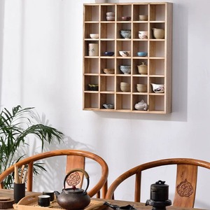 实木定制墙上置物架茶具茶壶茶杯收纳架木格子展示柜实木板杯子架