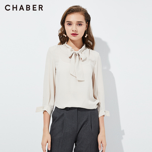 chaber常规款巧帛秋冬季新品通勤系带领纯色气质女式小众法式衬衫