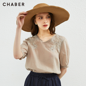 chaber巧帛夏季新品苎麻短袖衬衫精致刺绣套头V领优雅女士上衣