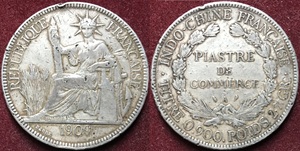 外国钱币硬币 法属印度支那贸易银元90纯银 1909年1元坐洋大银币