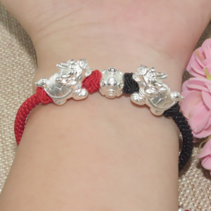 s999纯银3d硬银神兽双龙龟金钱赑屃珠男女情侣款红绳黑绳貔貅手链