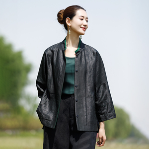 双面双色两面穿龟裂纹真丝香云纱外套 中式短款宽松开衫上衣外搭