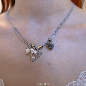 匡舟本色 韩国小众设计 复古三角银金属 水晶天然石 串珠多层项链