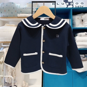 韩版中小童装 2024春款 蓝狗 女童宝 藏蓝色海军领长袖开衫外套