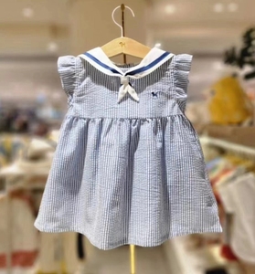 韩版中小童装 蓝狗2024夏款 女童宝 蓝色粉色海军领短袖连衣裙子
