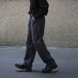morefans 韩版灰黑色直筒水洗牛仔裤 宽松休闲男士拖地长裤 时尚
