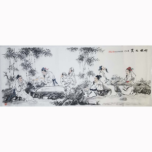 拍卖小六尺横幅版纯手绘人物画竹林七贤水墨国画收藏礼物品装饰画