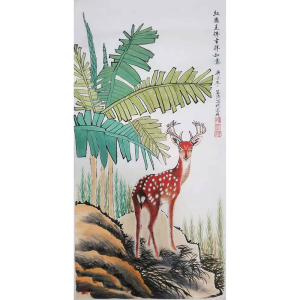 拍卖纯手绘三尺竖幅工笔国画小鹿梅花鹿客厅玄关装饰挂画礼物