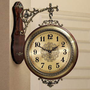 美式实木金属双面挂钟客厅静音欧式两面挂表创意墙钟石英钟表大号