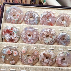 一物一图}樱花玛瑙平安扣 冰透绿花粉花系列平安扣