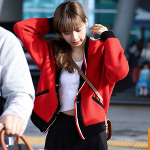 lisa明星同款衣服21早春新款红色v领毛衣女宽松长袖针织开衫外套