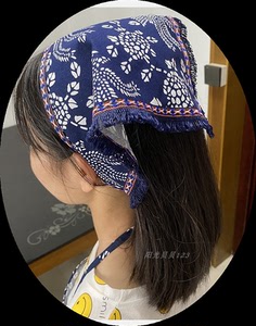 diy头巾 全棉蓝印花薄款 儿童演出头饰 采茶女包头布三角巾 复古