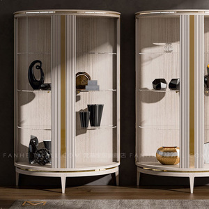 半圆形开放式酒柜 港式轻奢客厅展示柜 弧形 简美后现代书架 白色