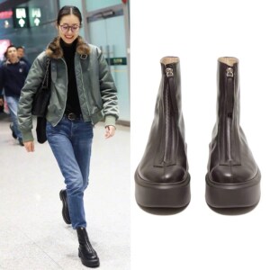刘雯同款靴前拉链厚底真皮短靴春秋时尚百搭切尔西马丁靴松糕鞋女
