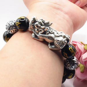 s999纯银3d硬足泰银金钱中国结貔貅黑玛瑙珠民族风男士款手串手链