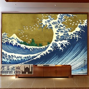 日式海浪大海浪花壁纸 葛饰北斋日系浮世绘和风墙纸日本风格壁画