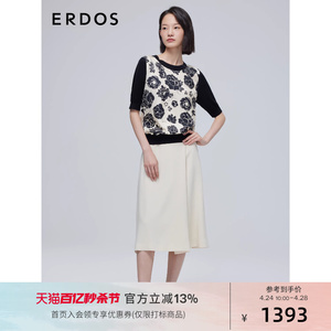 ERDOS 春夏圆领真丝斜纹绸短袖针织衫女优雅拼接印花通勤风