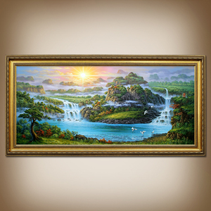 纯手绘新中式油画风景山水瀑布聚宝盆风水欧式客厅沙发美式装饰画