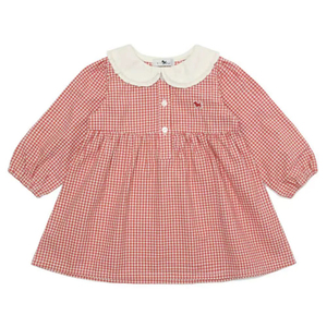 韩国24年春季新款女童红色小翻领格纹长袖娃娃衫可爱甜美连衣裙