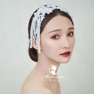 韩式新娘白色蕾丝珍珠流苏头饰品结婚造型摄影楼发饰头花复古发带