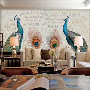 整张无缝大型壁画沙发客厅电视背景墙纸现代孔雀蓝色羽毛油画壁纸