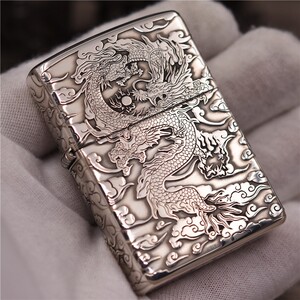 芝宝zippo煤油打火机纯银盔甲五面浮雕祥云腾龙富贵吉祥中国龙