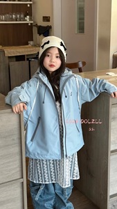 现波拉韩国童装2024春夏男童女童蓝色连帽风衣外套时尚休闲亲子装