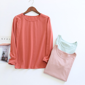 纯棉秋衣女士秋冬新款纯色大圆领薄款长袖打底衫简约莱卡棉上衣